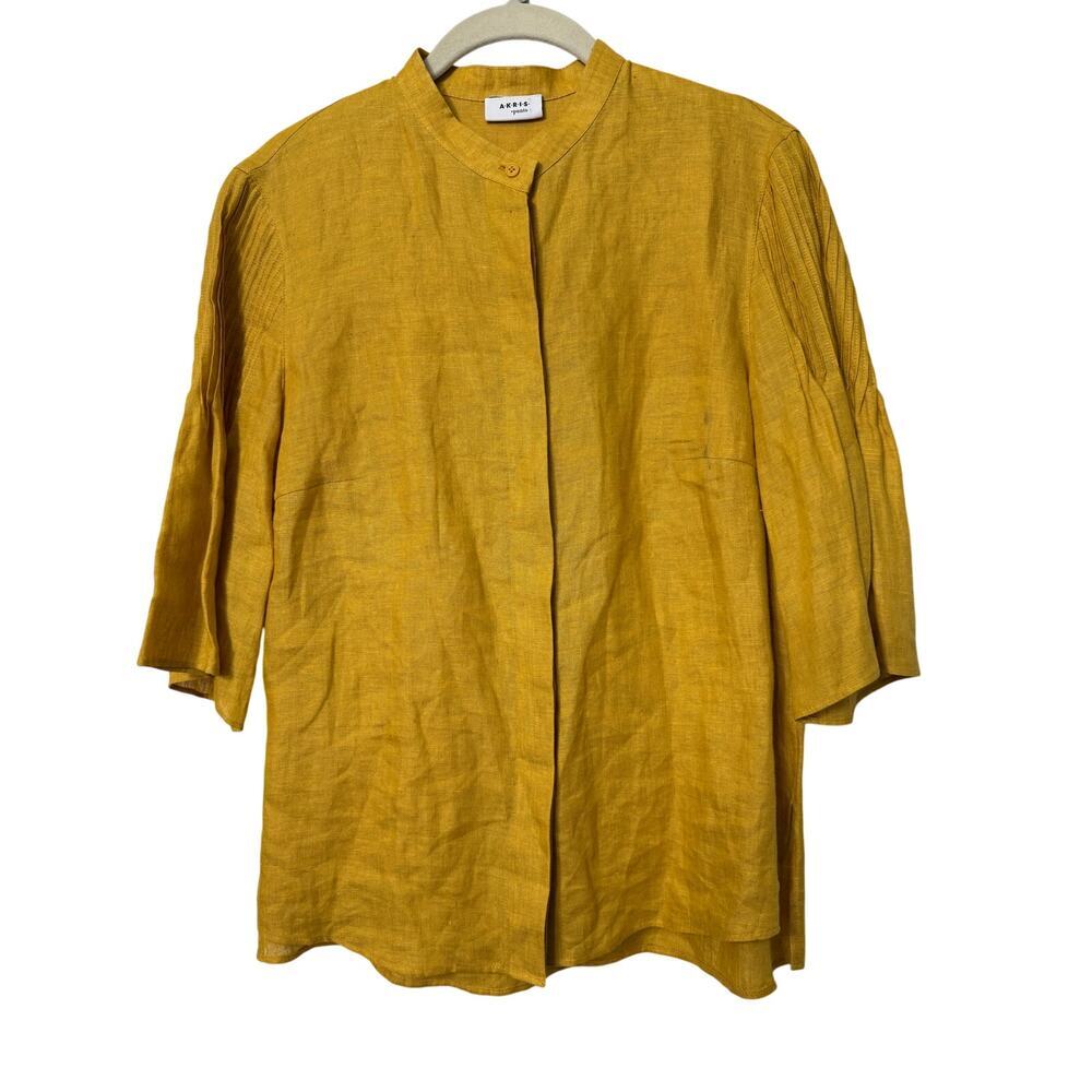 Akris Golden Mustard Short Sleeve Button Down Linen Top Sz 8